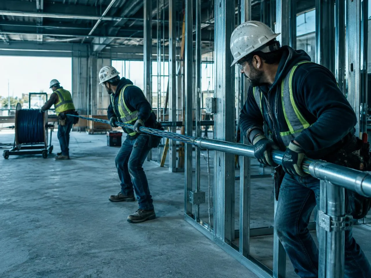 Electrical subcontractor crew pulling wire through conduit on a commercial build