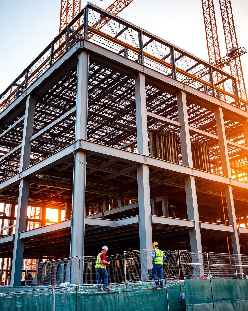 Modern construction site with steel framework