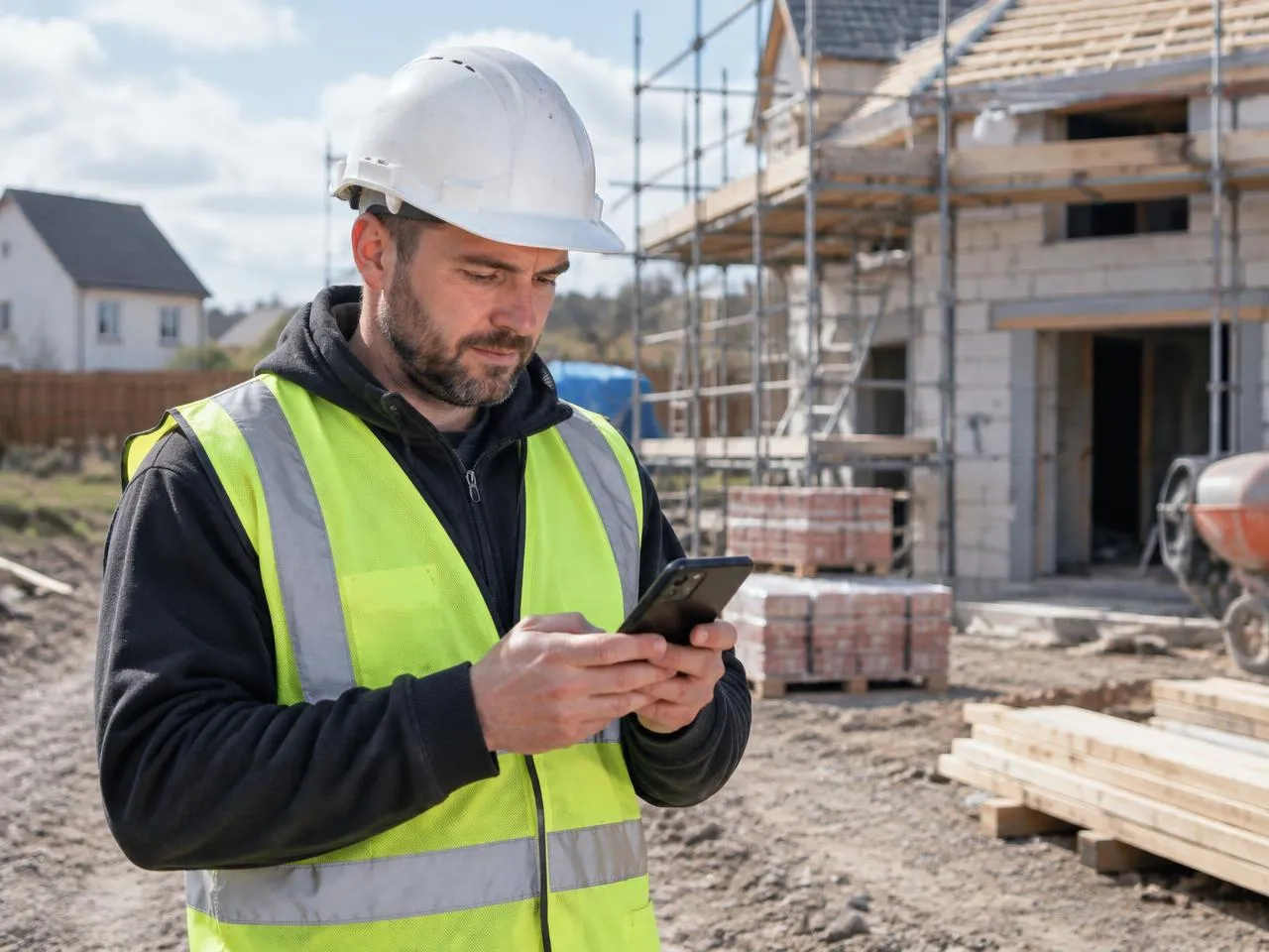 Contractor reading a client text message on his phone