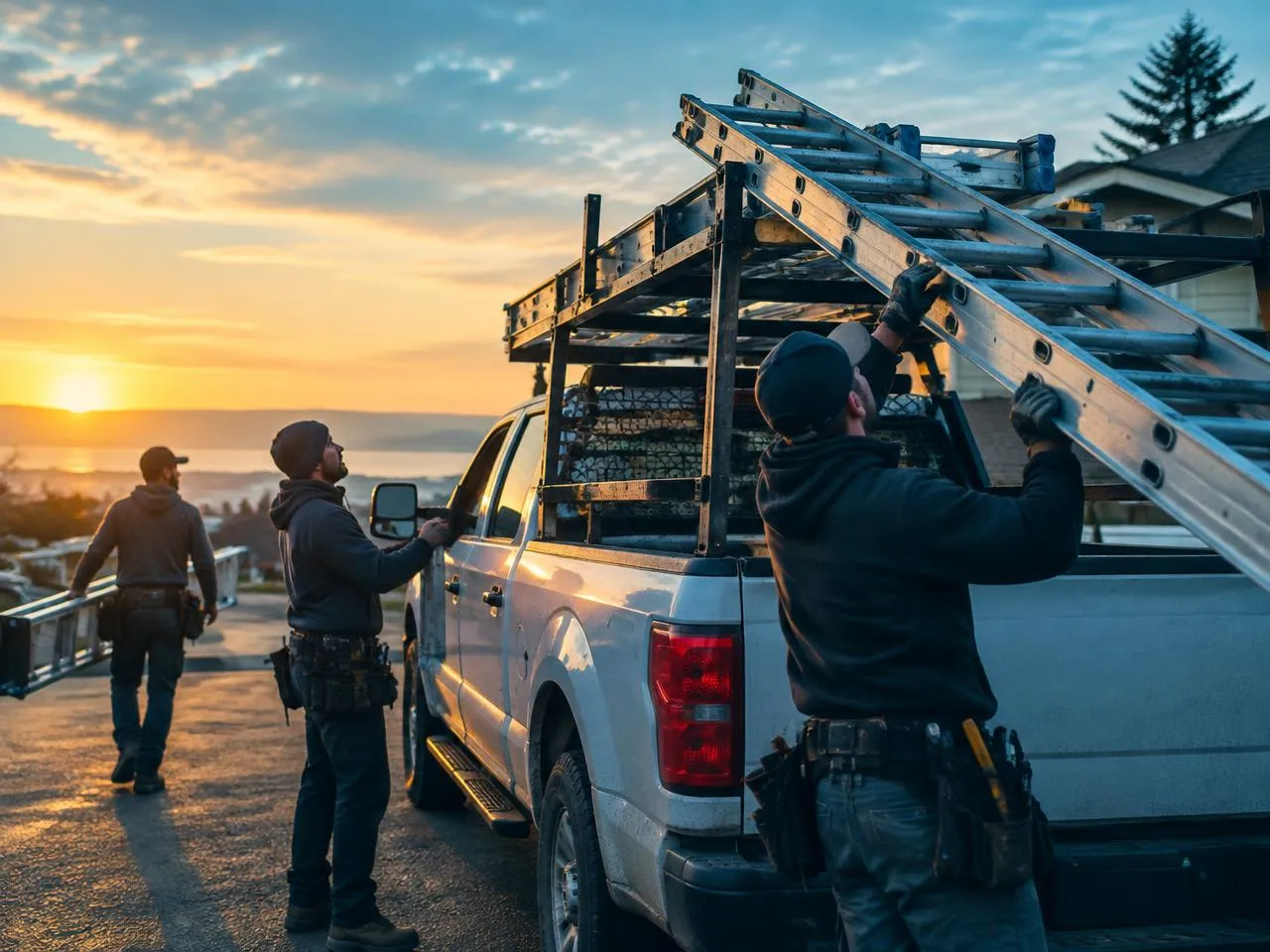 Roofing crew loading ladders onto a work truck at dawn