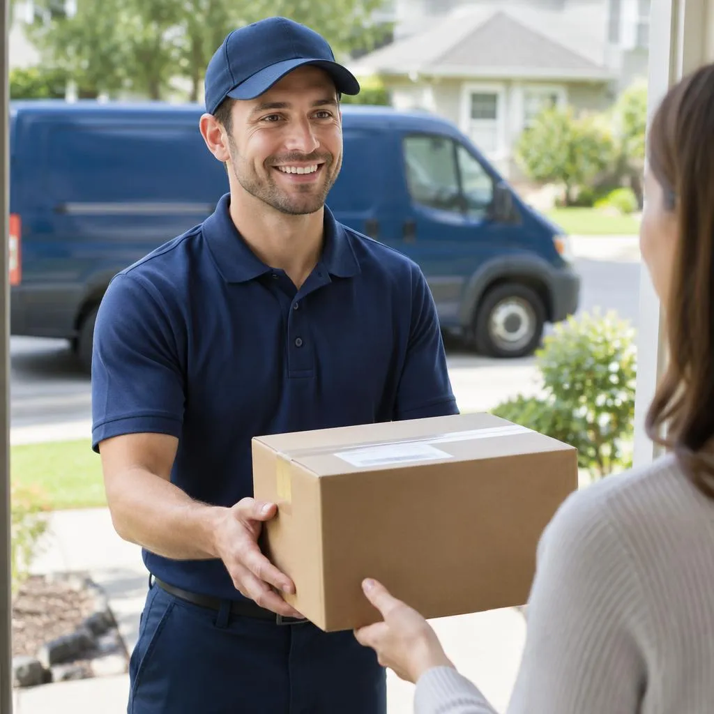 Driver handing over a package at a front door