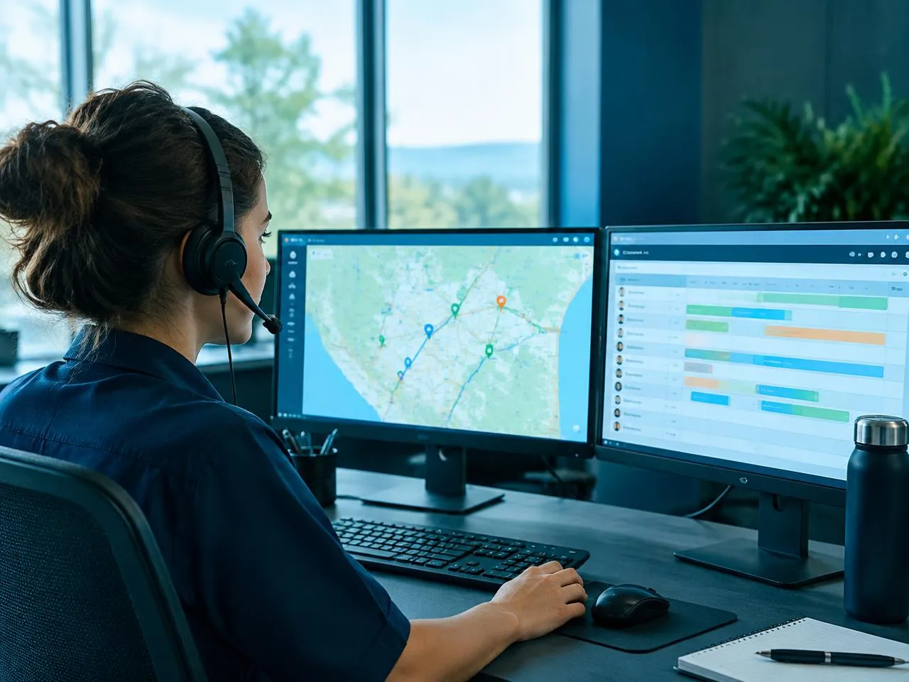 Dispatcher with a headset watching crew locations and the day's schedule