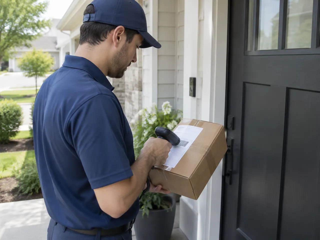 Delivery driver scanning a package at a front door