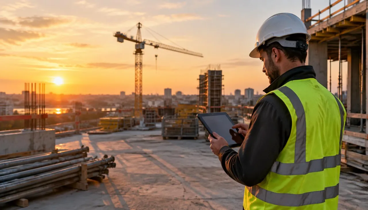 Crew member on site logging progress on a tablet