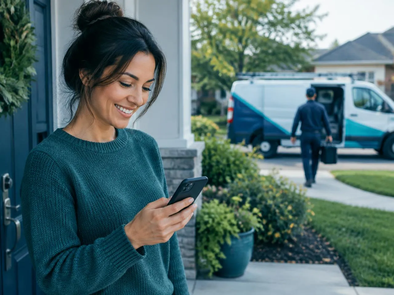 Homeowner reading an on-the-way text as the technician arrives