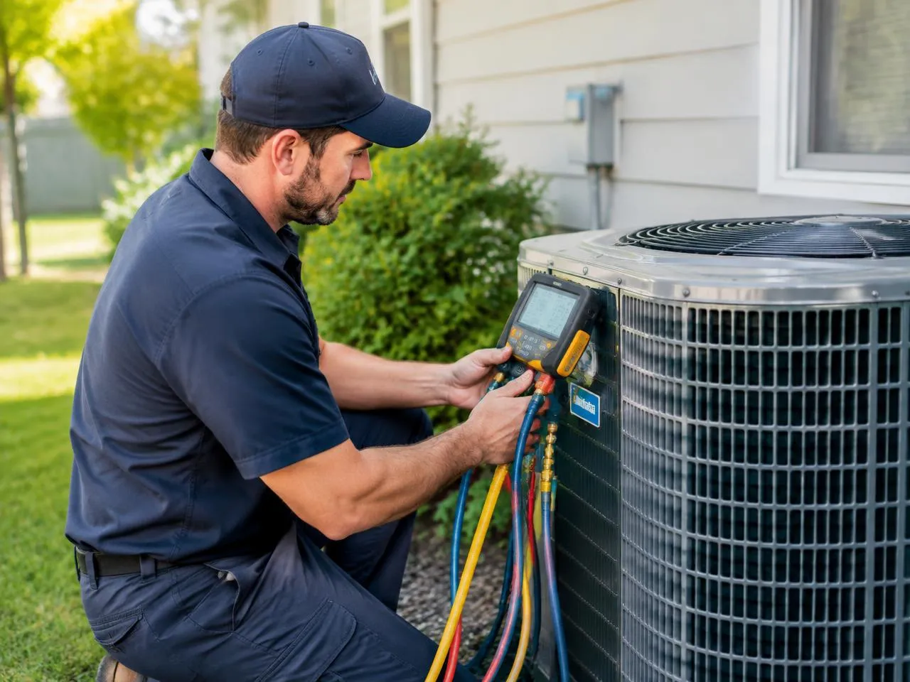 HVAC technician servicing an outdoor AC unit