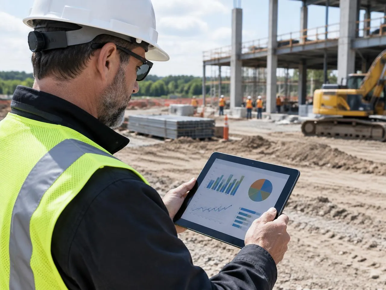 Manager reviewing a report on a tablet on site