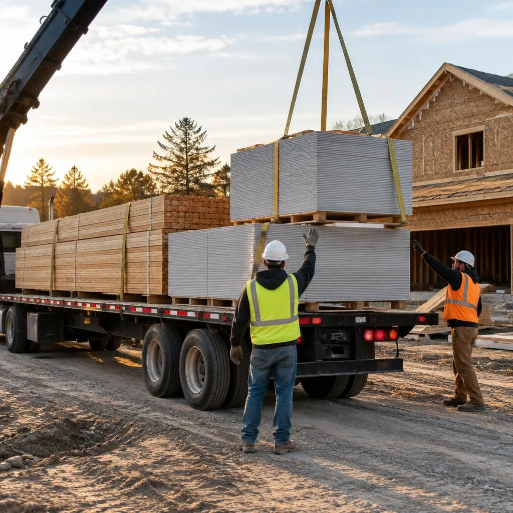 Building materials truck unloading on a job site