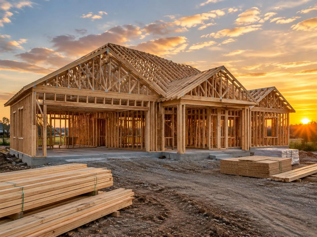 New home under construction with framing and roof trusses