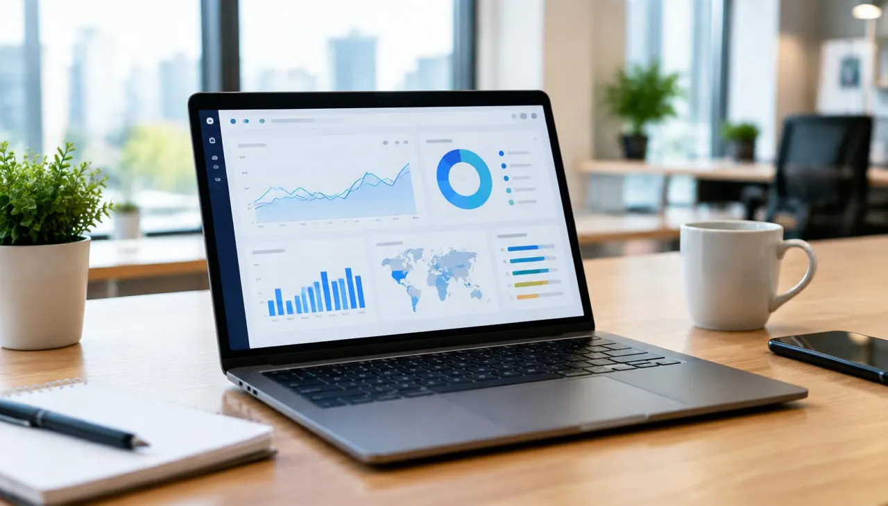 Analytics dashboard on a laptop in a modern office