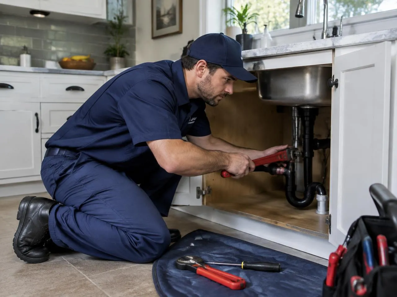 Plumber working under a sink