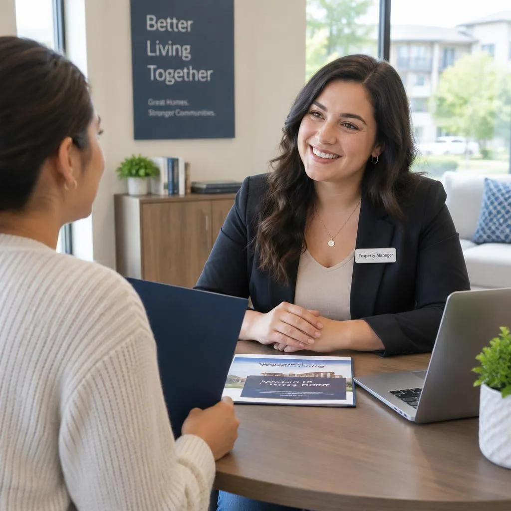 Property manager speaking with a tenant in a leasing office
