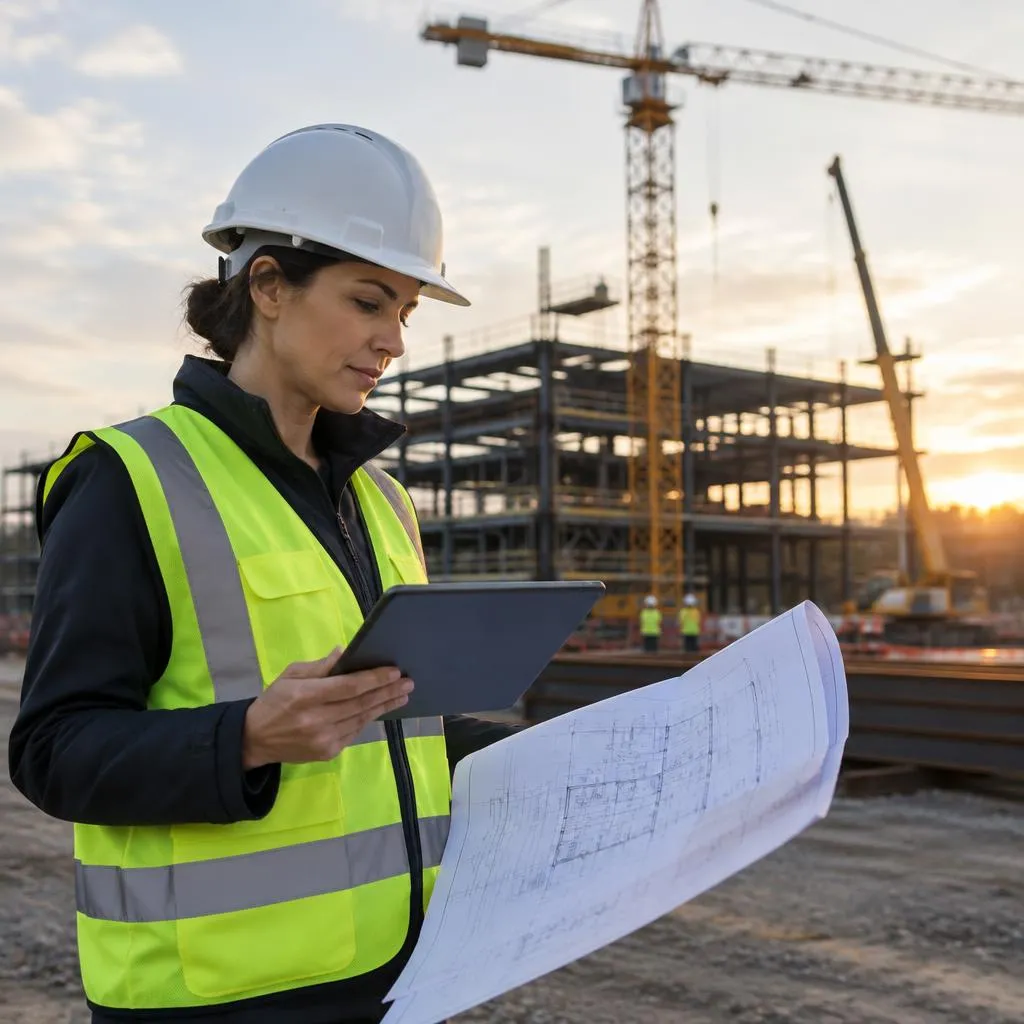 Project manager reviewing plans and a tablet on site
