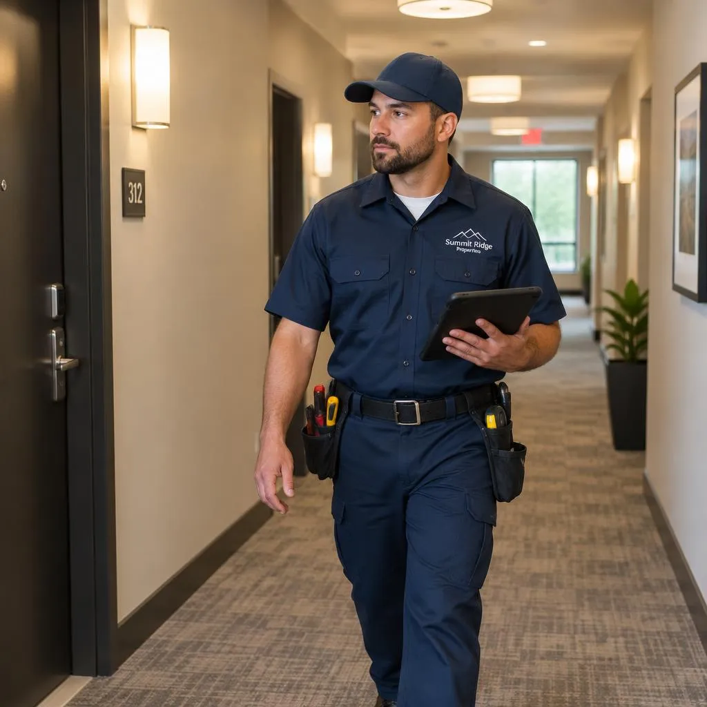Maintenance technician walking an apartment hallway with a tablet
