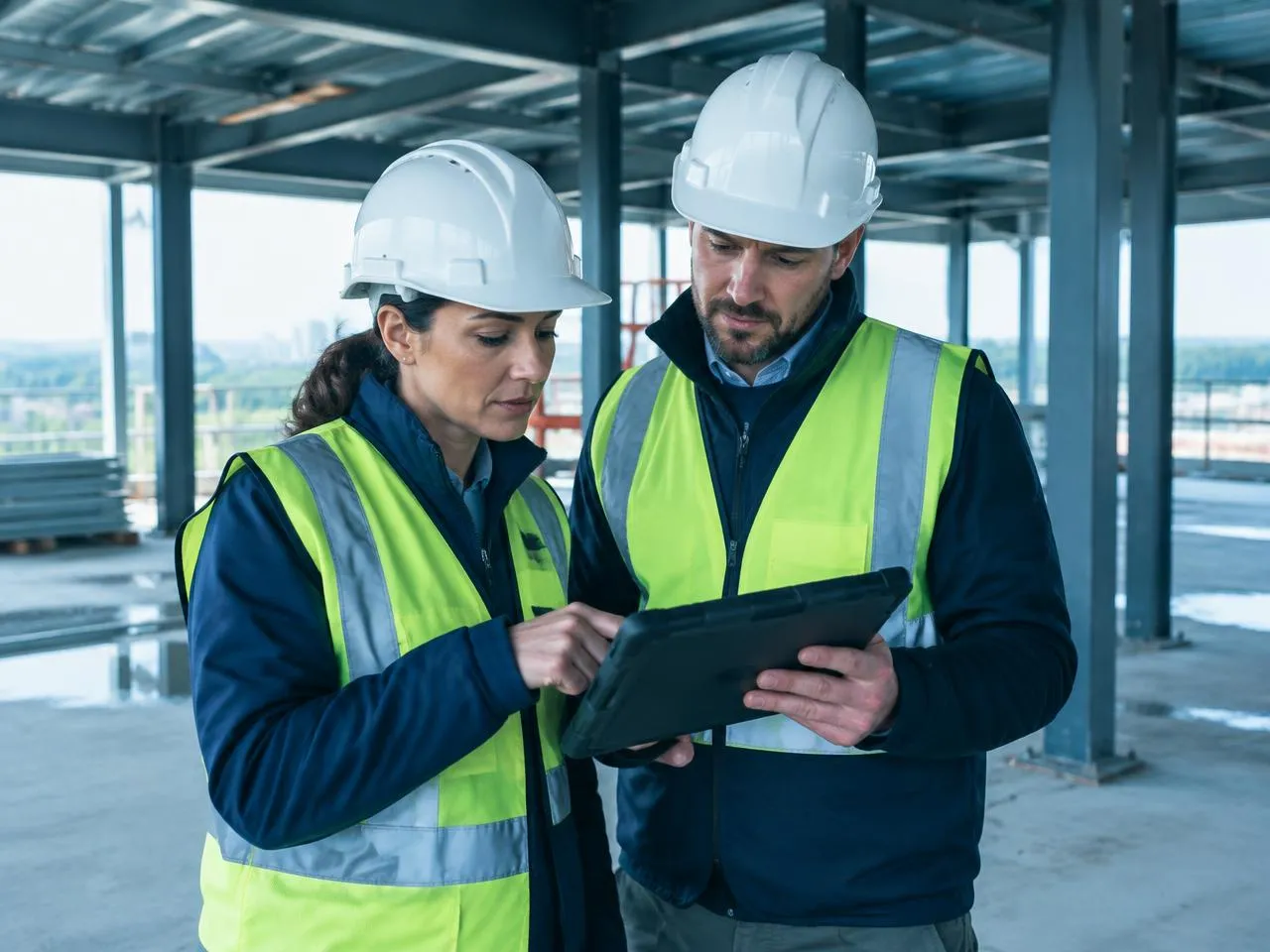 Project managers in hard hats reviewing the schedule on a tablet inside a steel-frame building