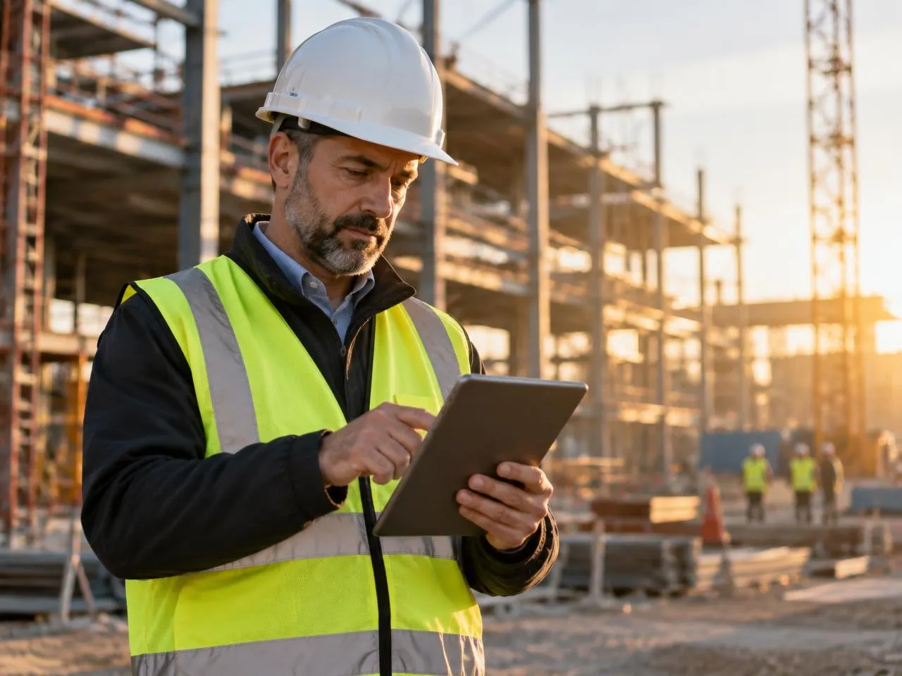 Superintendent reviewing a tablet on a construction site