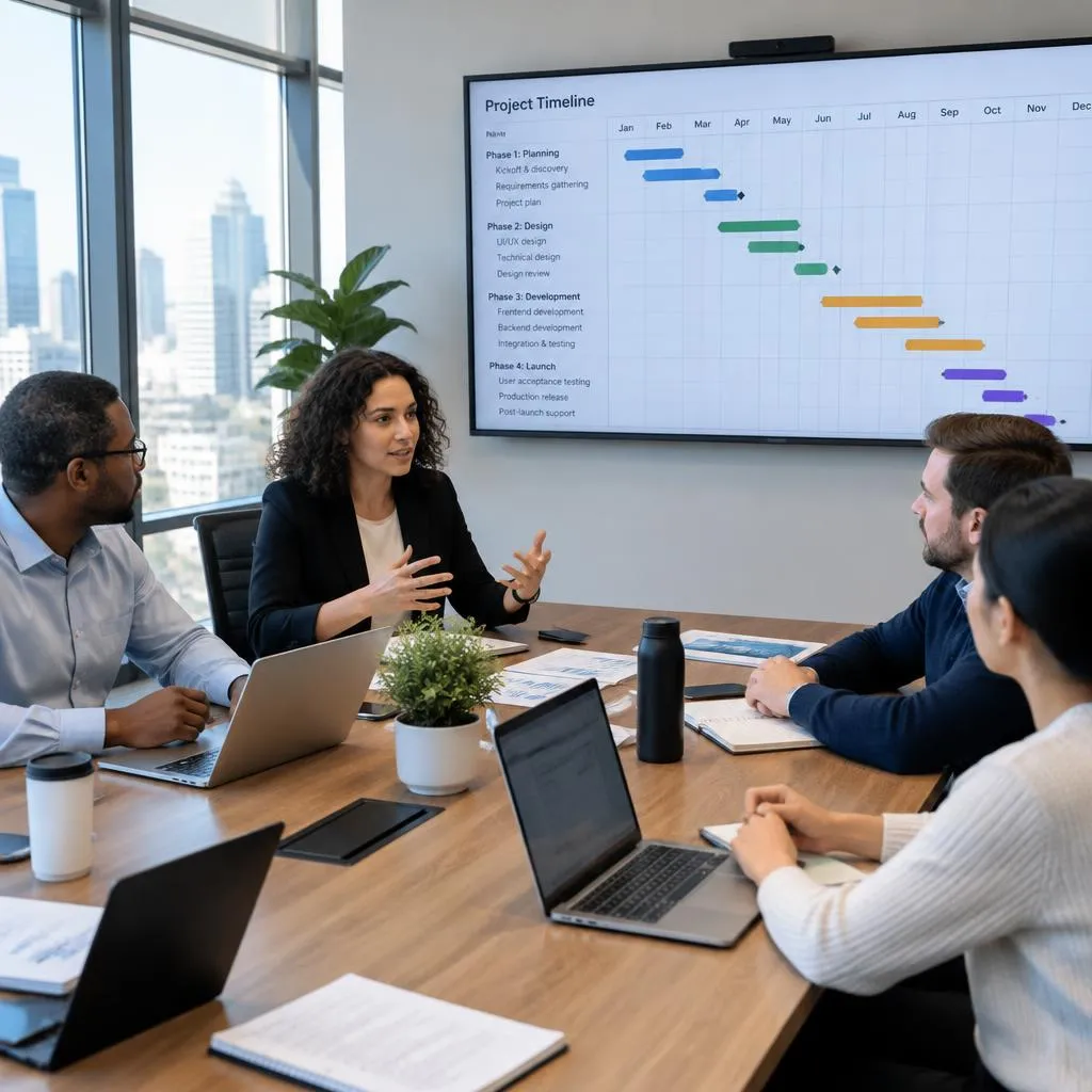 Project team meeting with a timeline on screen
