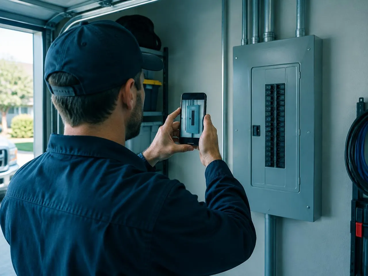 Technician photographing a finished electrical panel as proof of completion