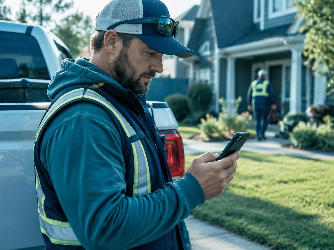 Crew lead receiving an automated task notification beside his truck